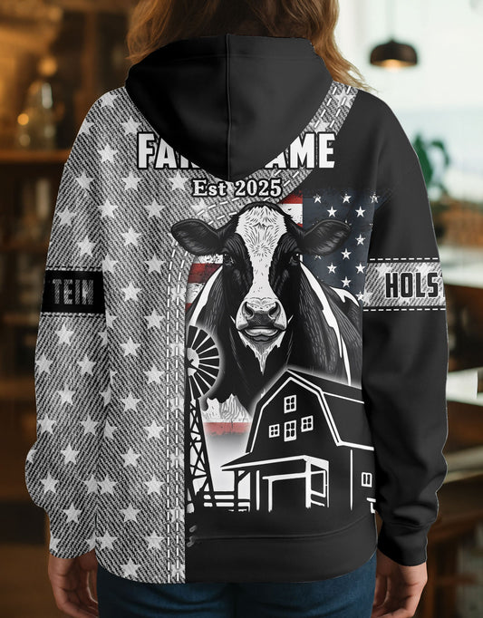 Joycorners Holstein Farm Life US Flag Personalized Name, Farm Name Unisex 3D Hoodie