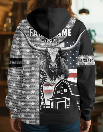 Joycorners Texas Longhorn Farm Life US Flag Personalized Name, Farm Name Unisex 3D Hoodie