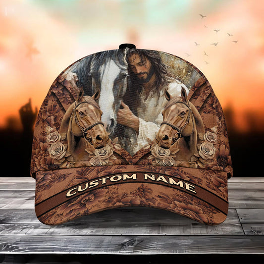 Joycorners Jesus & Horses Vintage Floral Cap – Rustic Brown Christian Style