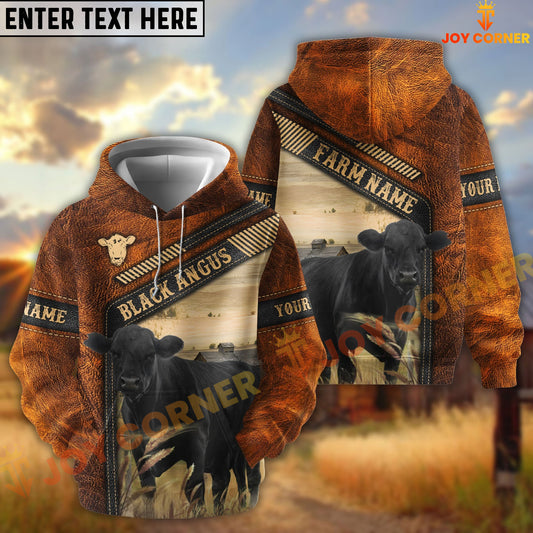 Joycorners Black Angus Dark Leather Pattern Personalized Name and Farm Name Color Mixed 3D Hoodie