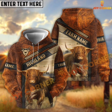 Joycorners Highland Dark Leather Pattern Personalized Name and Farm Name Color Mixed 3D Hoodie