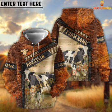 Joycorners Holstein Dark Leather Pattern Personalized Name and Farm Name Color Mixed 3D Hoodie