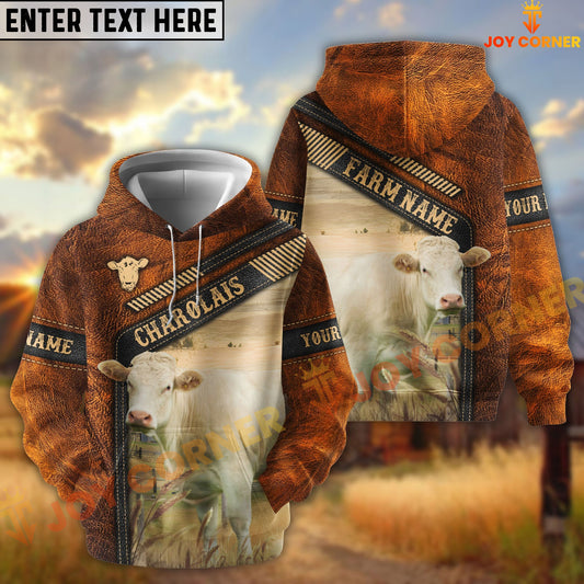 Joycorners Charolais Dark Leather Pattern Personalized Name and Farm Name Color Mixed 3D Hoodie