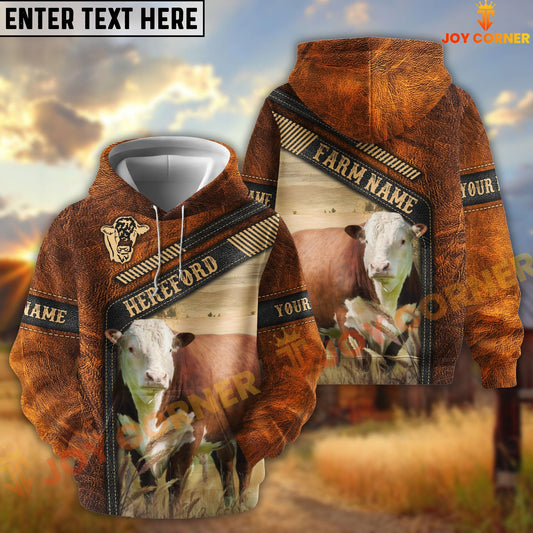 Joycorners Hereford Dark Leather Pattern Personalized Name and Farm Name Color Mixed 3D Hoodie