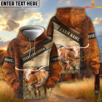 Joycorners Texas Longhorn Dark Leather Pattern Personalized Name and Farm Name Color Mixed 3D Hoodie