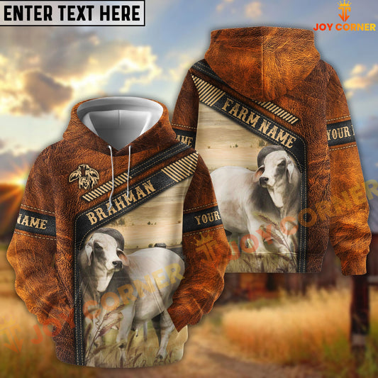 Joycorners Brahman Dark Leather Pattern Personalized Name and Farm Name Color Mixed 3D Hoodie