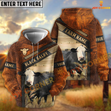 Joycorners Black Baldy Dark Leather Pattern Personalized Name and Farm Name Color Mixed 3D Hoodie