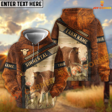 Joycorners Simmental Dark Leather Pattern Personalized Name and Farm Name Color Mixed 3D Hoodie