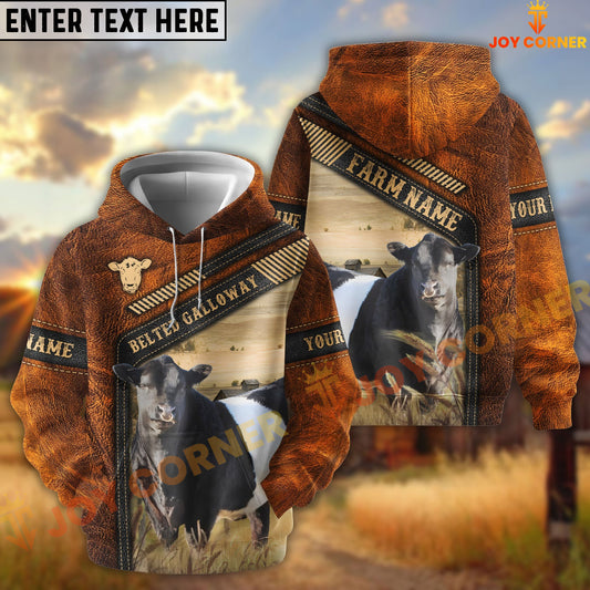 Joycorners Belted Galloway Dark Leather Pattern Personalized Name and Farm Name Color Mixed 3D Hoodie
