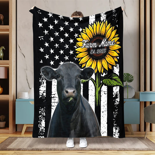 Joycorners Personalized Sunflowers & Cattle USA Flag Farm Blanket (10 Cattle Breeds)
