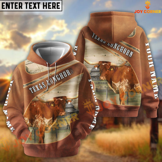 Joycorners Texas Longhorn Customize Name, Farm Name Brown Hoodie