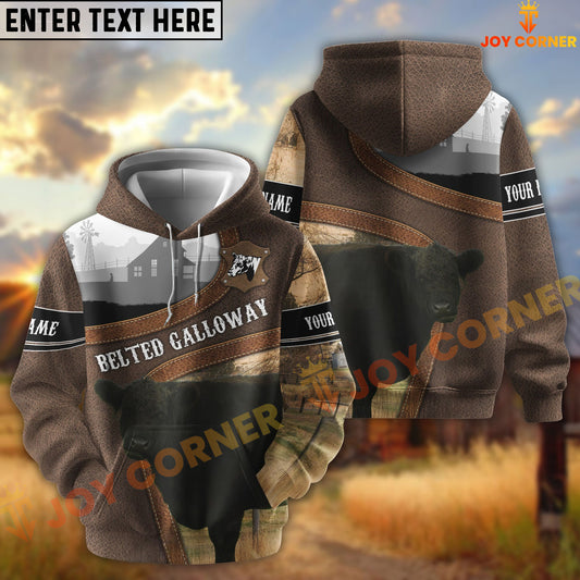 Joycorners Belted Galloway Light Leather Pattern Personalized Name and Farm Name Color Mixed 3D Hoodie