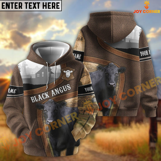 Joycorners Black Angus Light Leather Pattern Personalized Name and Farm Name Color Mixed 3D Hoodie