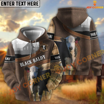 Joycorners Black Baldy Light Leather Pattern Personalized Name and Farm Name Color Mixed 3D Hoodie