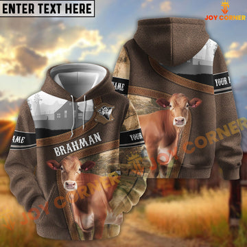 Joycorners Brahman Light Leather Pattern Personalized Name and Farm Name Color Mixed 3D Hoodie