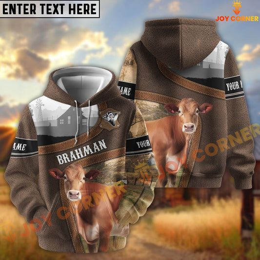 Joycorners Brahman Light Leather Pattern Personalized Name and Farm Name Color Mixed 3D Hoodie