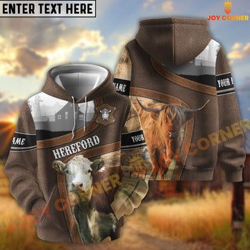 Joycorners Hereford Light Leather Pattern Personalized Name and Farm Name Color Mixed 3D Hoodie