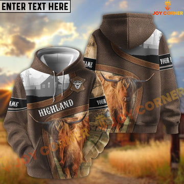Joycorners Highland Light Leather Pattern Personalized Name and Farm Name Color Mixed 3D Hoodie