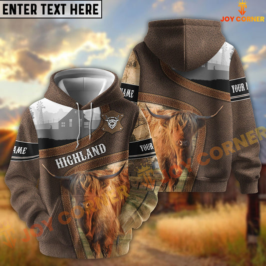 Joycorners Highland Light Leather Pattern Personalized Name and Farm Name Color Mixed 3D Hoodie