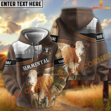 Joycorners Simmental Light Leather Pattern Personalized Name and Farm Name Color Mixed 3D Hoodie