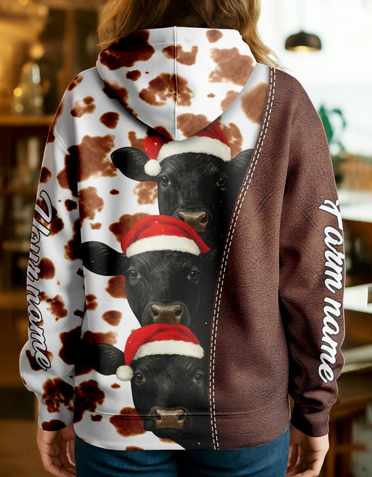 Joycorners Black Angus Leather Christmas Cow Personalized Name, Farm Name Unisex 3D Hoodie