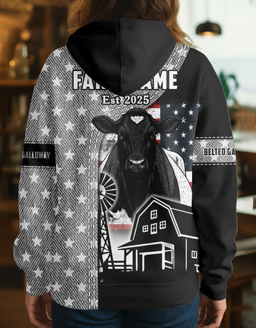 Joycorners Belted Galloway Farm Life US Flag Personalized Name, Farm Name Unisex 3D Hoodie