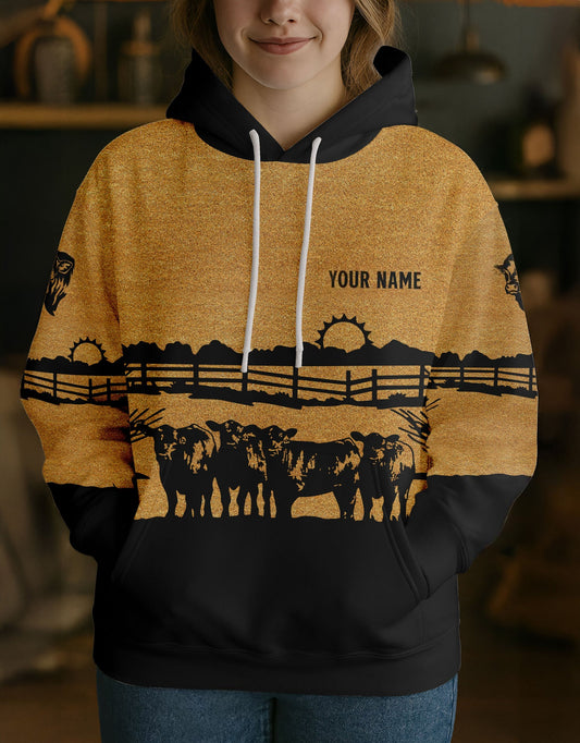 Joycorners Black Angus Farm Life Ranch Coir Pattern Personalized Name, Farm Name Unisex 3D Hoodie