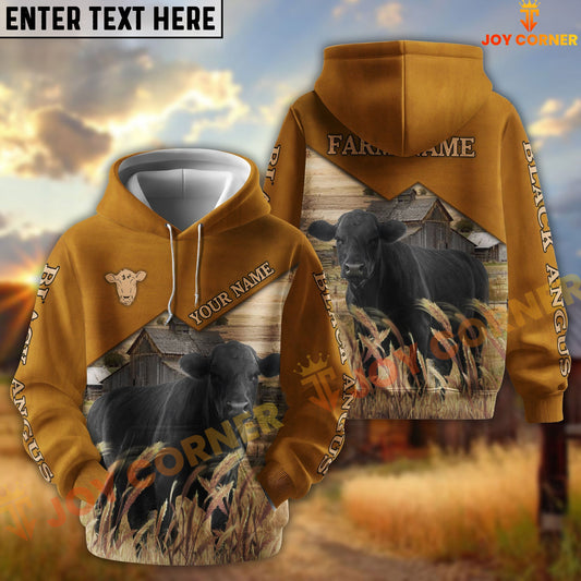 Joycorners Angus Yellow Leather Pattern Customized Name and Farm Name 3D Hoodie
