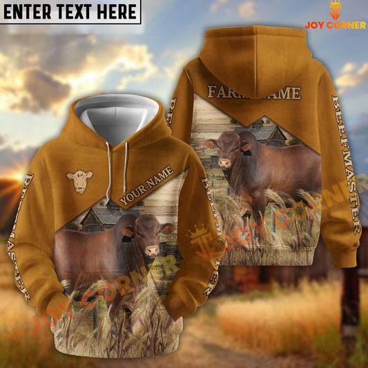 Joycorners Beefmaster Yellow Leather Pattern Customized Name and Farm Name 3D Hoodie