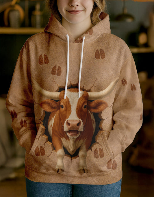 Joycorners Texas Longhorn Cute Breakthrough Cow Personalized Name, Farm Name Unisex 3D Hoodie