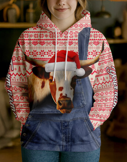 Joycorners Texas Longhorn Farm Life Merry Christmas Cow Personalized Name, Farm Name Unisex 3D Hoodie