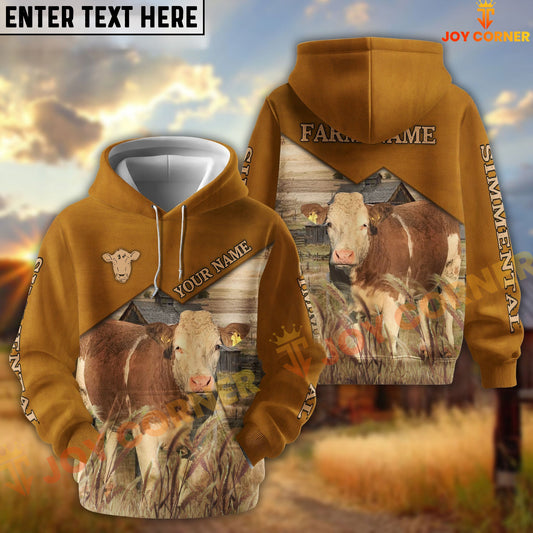 Joycorners Simmental Yellow Leather Pattern Customized Name and Farm Name 3D Hoodie