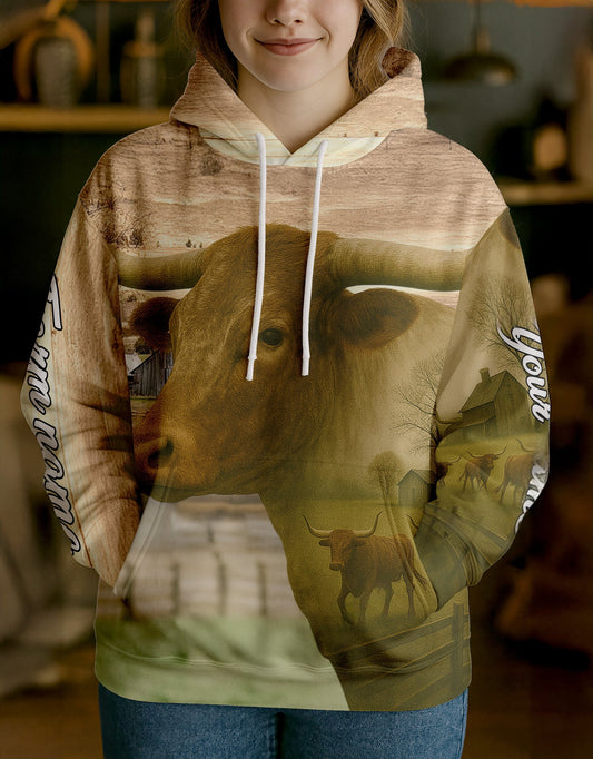 Joycorners Texas Longhorn Country Style Ranch Personalized Name, Farm Name Unisex 3D Hoodie