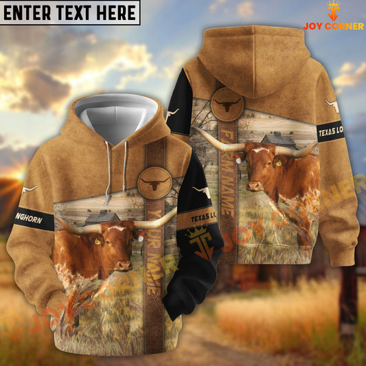 Joycorners Texas Longhorn Customize Name, Farm Name Brown Pattern Hoodie