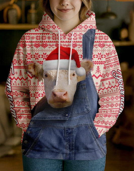 Joycorners Hereford Farm Life Merry Christmas Cow Personalized Name, Farm Name Unisex 3D Hoodie