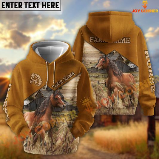 Joycorners Horse Yellow Leather Pattern Customized Name and Farm Name 3D Hoodie