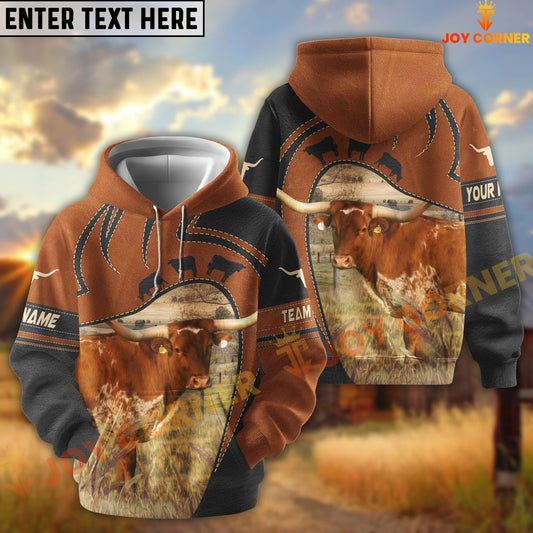 Joycorners Texas Longhorn Leather Pattern Custom Name, Farm Name 3D Hoodie
