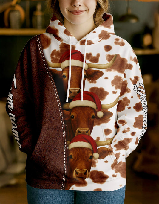 Joycorners Texas Longhorn Leather Christmas Cow Personalized Name, Farm Name Unisex 3D Hoodie