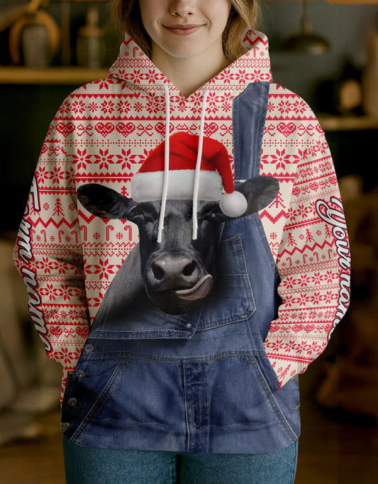 Joycorners Black Angus Farm Life Merry Christmas Cow Personalized Name, Farm Name Unisex 3D Hoodie