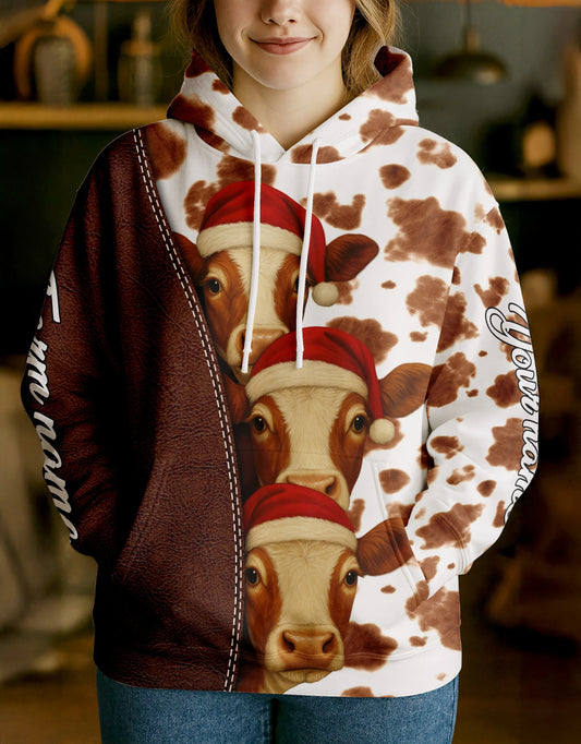 Joycorners Hereford Leather Christmas Cow Personalized Name, Farm Name Unisex 3D Hoodie