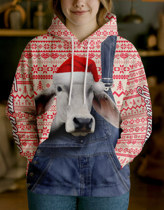 Joycorners Brahman Farm Life Merry Christmas Cow Personalized Name, Farm Name Unisex 3D Hoodie