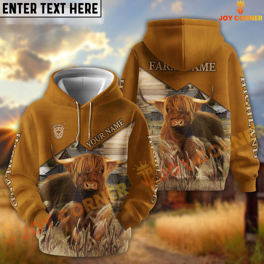 Joycorners Highland Yellow Leather Pattern Customized Name and Farm Name 3D Hoodie