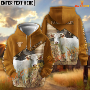 Joycorners Charolais Yellow Leather Pattern Customized Name and Farm Name 3D Hoodie