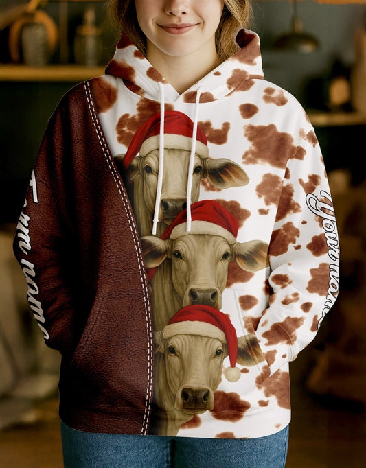 Joycorners Brahman Leather Christmas Cow Personalized Name, Farm Name Unisex 3D Hoodie