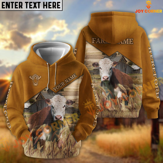 Joycorners Hereford Yellow Leather Pattern Customized Name and Farm Name 3D Hoodie