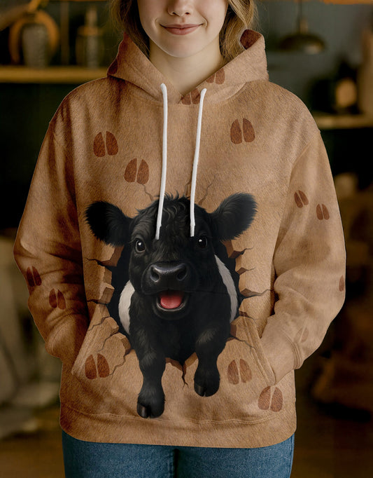 Joycorners Belted Galloway Cute Breakthrough Cow Personalized Name, Farm Name Unisex 3D Hoodie