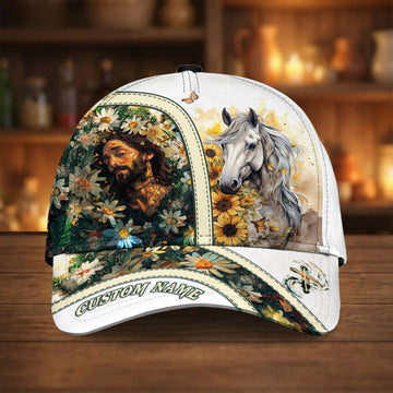Joycorners Jesus & White Horse Garden Cap – Floral Christian Western Artwork