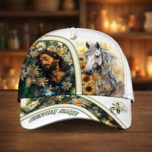 Joycorners Jesus & White Horse Garden Cap – Floral Christian Western Artwork