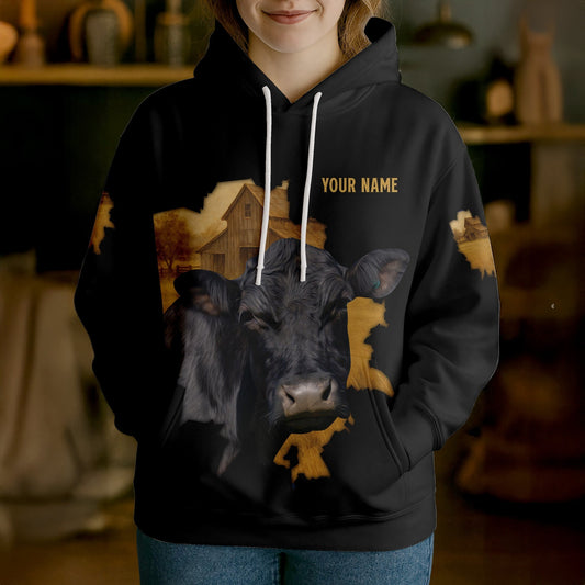 Joycorners Personalized Name & Farm Name Vintage Barn Cow Hoodie (10 Cattle Breeds)