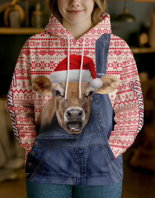 Joycorners Jersey Farm Life Merry Christmas Cow Personalized Name, Farm Name Unisex 3D Hoodie